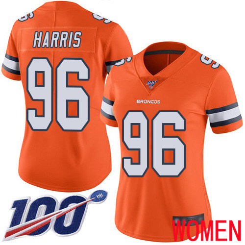 Women Denver Broncos #96 Shelby Harris Limited Orange Rush Vapor Untouchable 100th Season Football NFL Jersey->denver broncos->NFL Jersey